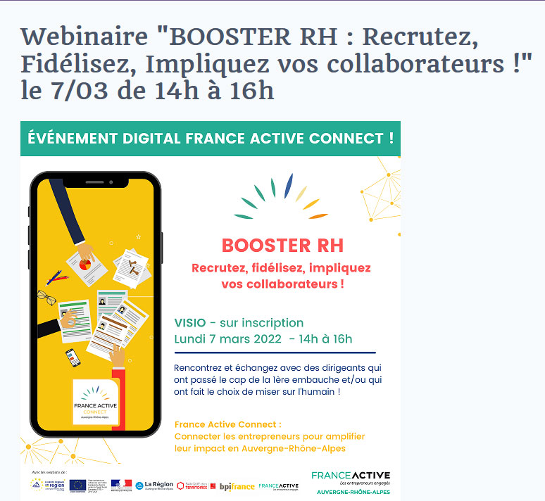 Lire la suite à propos de l’article Webinaire « BOOSTER RH : Recrutez, fidélisez, impliquez vos collaborateurs !