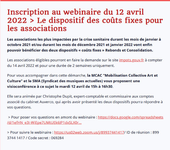 Lire la suite à propos de l’article L’Ufisc, le SMA et Opale proposent dans le cadre de la « Mobilisation Collective Art et Culture », un webinaire sur le dispositif des coûts fixes pour les associations, le mardi 12 avril 2022 à 15h